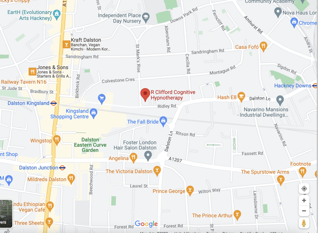 Hypnotherapist in East London, map to R Clifford Cognitive Hypnotherapy