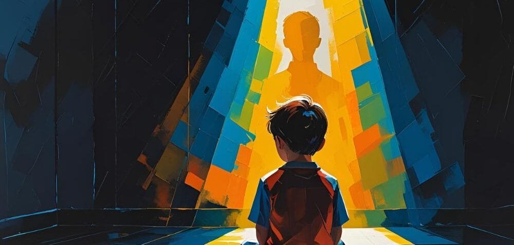 Abstract painting of a young boy sitting in a beam of colourful light, a shadow of a man is visible in the beam. How to heal your inner child course with R Clifford Cognitive Hypnotherapy London