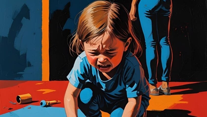 image of a crying child, picking up broken toys from the floor while a woman has her back turned to her. Heal your inner child course