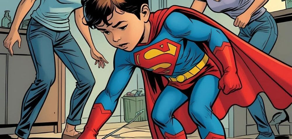 Cartoon image of a young boy dressed as superhero cleaning the floor while his parents argue in the background. Inner Child Hypnotherapy London with R Clifford Hypnotherapy London.