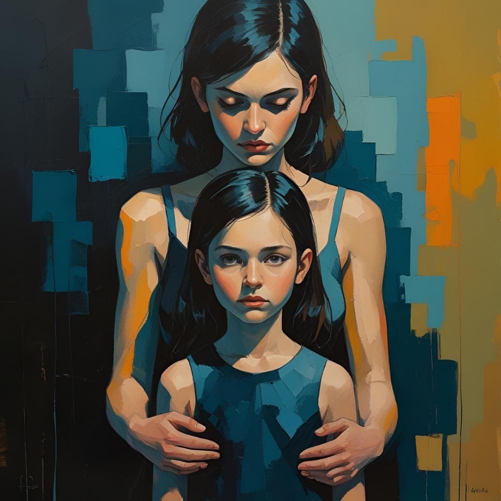 Woman holding her hands on the shoulders of a young girl.