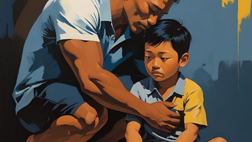 man comforting a child version of himself, how to heal your inner child course with Rowenna Clifford