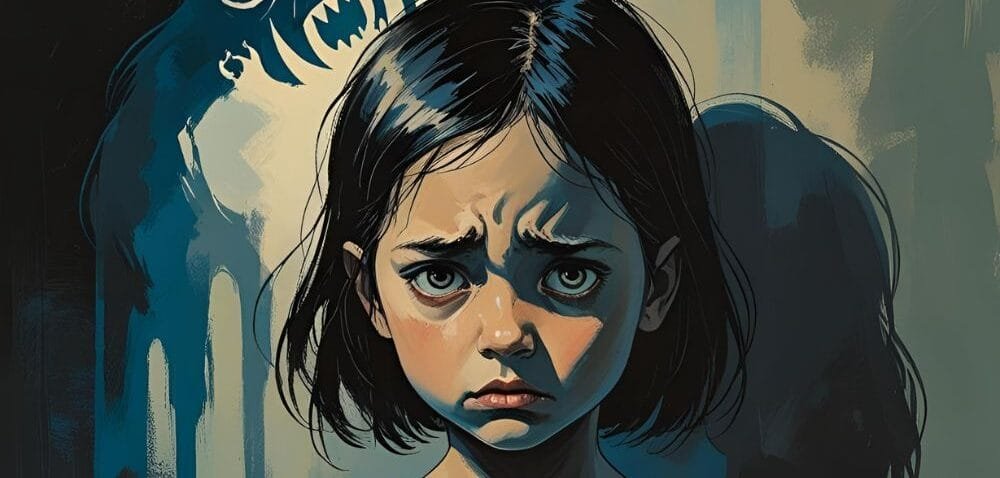 Image of a scared child with a shadow of a monster on the wall behind her. Reparenting Your Inner child therapy with Rowenna Clifford. Find out how inner child work heals childhood trauma.