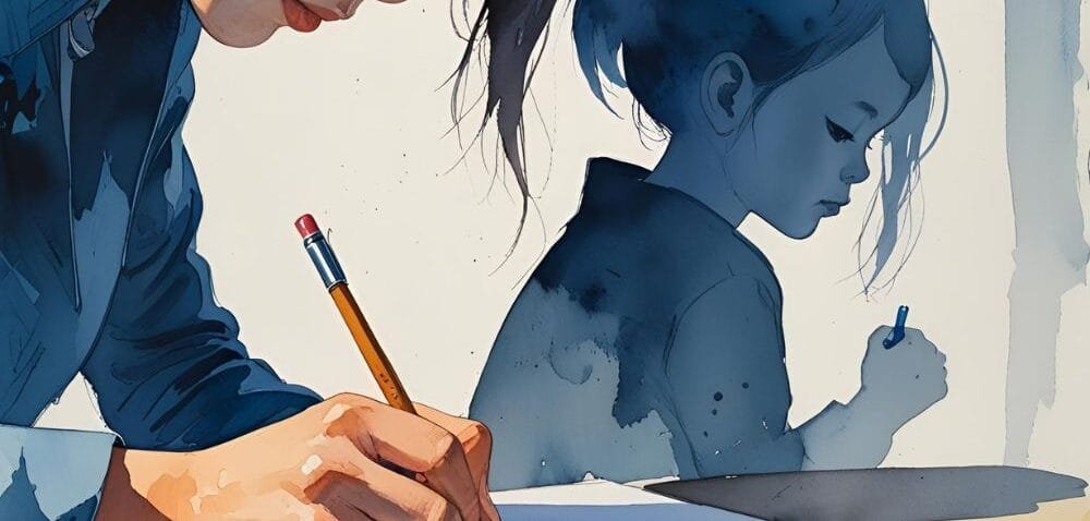 Cartoon image of a woman writing in a journal and her shadow on the wall is of her child self. Reparenting your inner child article by R Clifford Hypnotherapy London