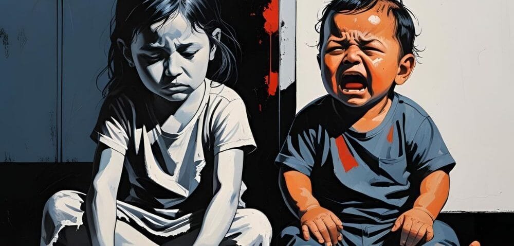 Inner child therapy for abandonment issues, two children crying sat on the floor alone