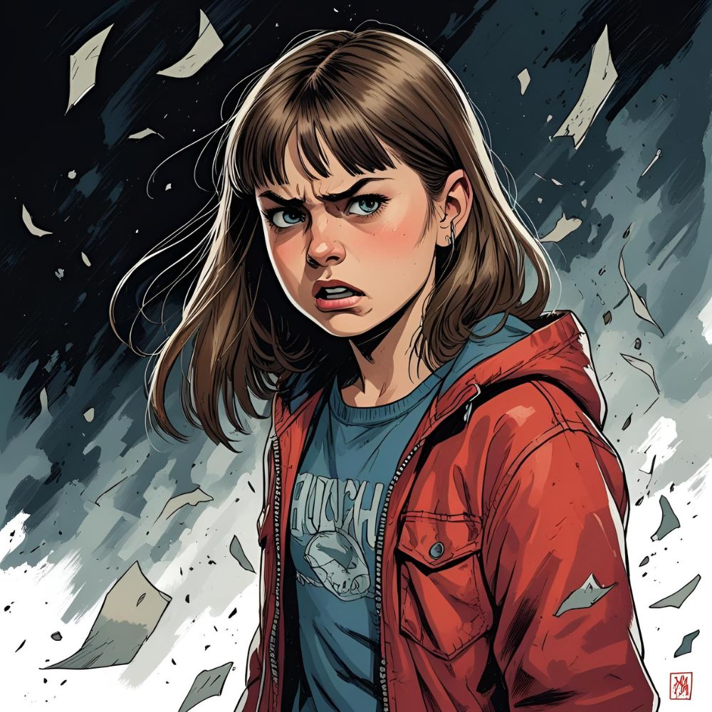 Painted image of a teenage girl who looks angry with a storm going on around her. The adapted inner child