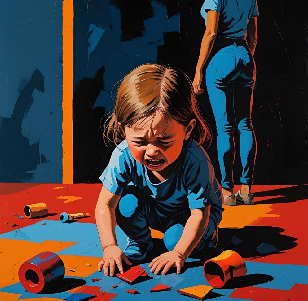 Painted image of a child picking up parts of a broken toy while mum turns her back in the distance. The wounded inner child