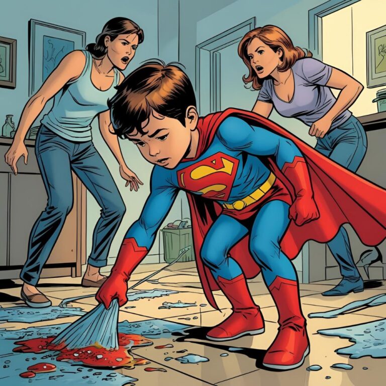 Painted image of a young boy dressed as a super hero cleaning the mess up off the floor while his parents argue in the background. The hero child