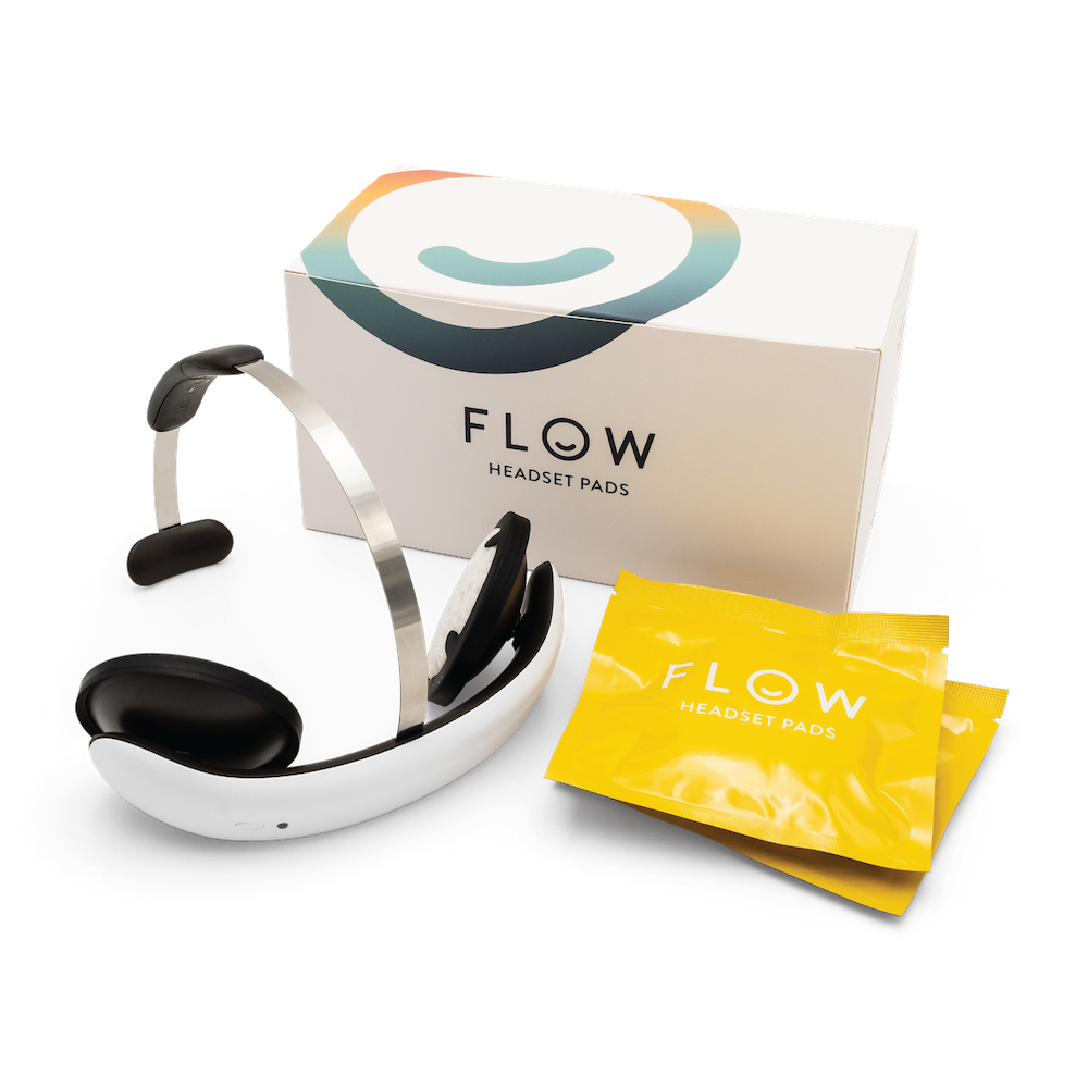 Image of a FLOW tDCS headset and a box of pads, tDCS for depression and anxiety with Rowenna Clifford Hypnotherapy