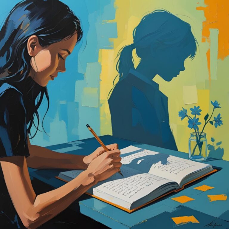 Painting of a woman journaling with the shadow of her inner child on the wall, reparenting your inner child therapy blog by Rowenna