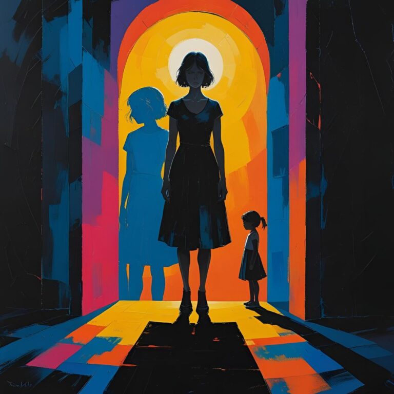 Painting of a silhouette of a woman and shadows of her inner child parts in a colourful corridor, attachment hypnotherapy with Rowenna