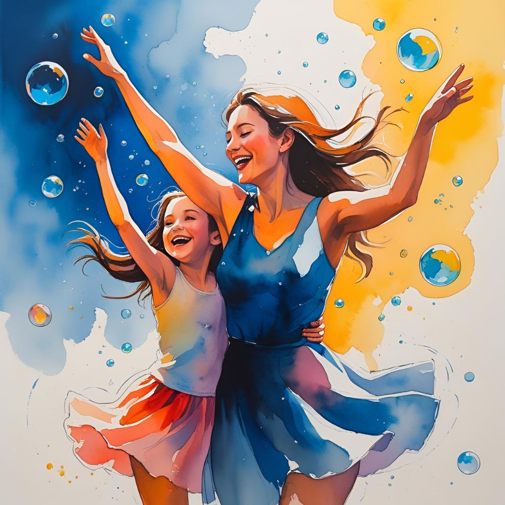 Painting of a woman and her inner child playing among bubbles and colours in the air, reparenting your inner child with Rowenna