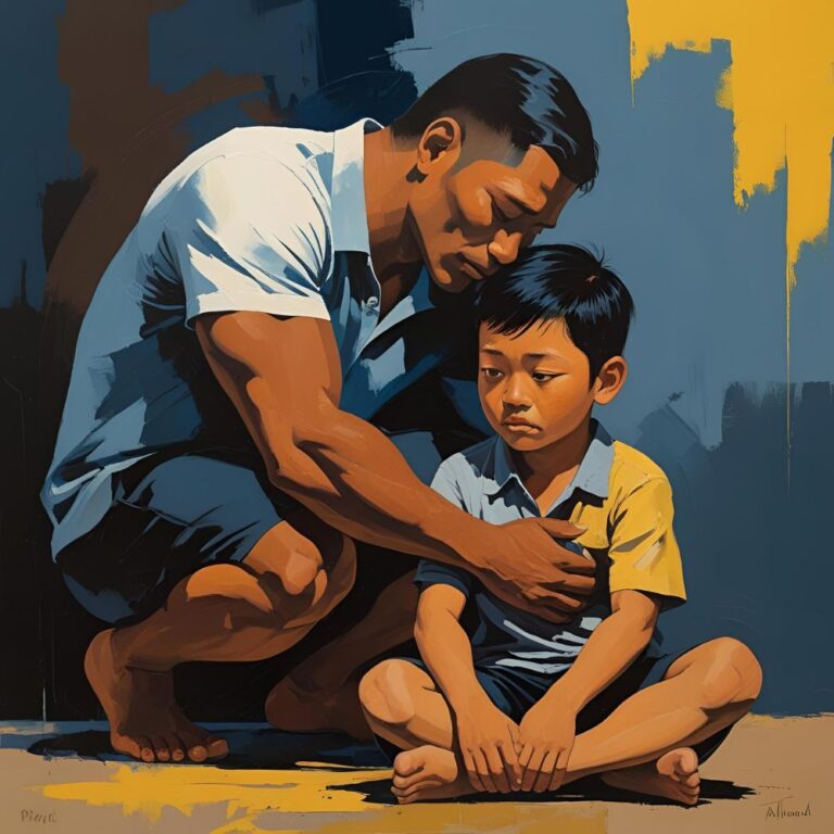 Painting of a man comforting his inner child, reparenting your inner child blog