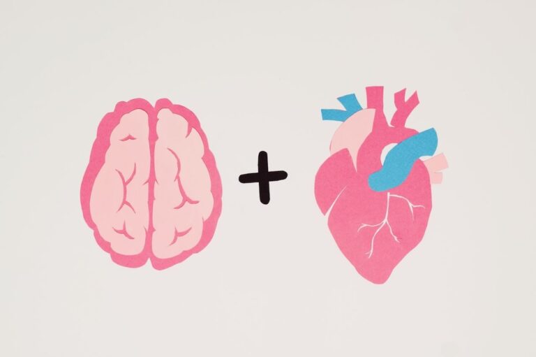 Painted image of a brain with a plus sign followed by a heart, cognitive hypnotherapy works with the mind and body